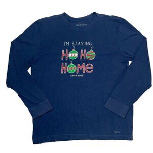 Life Is Good Crusher Tee Blue "I'm Staying Ho Ho Home" Introvert Christmas sz L
